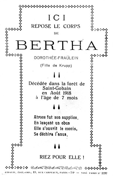 Pamphlet-  août 1918. Ici repose le corps de Bertha (le canon)