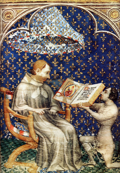 Manuscript, Jean de Vaudetar offering a bible to Charles V