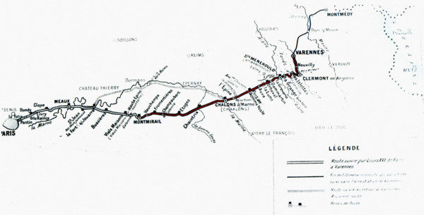 Carte de la route de Varennes où fut arrêté le roi Louis XVI.