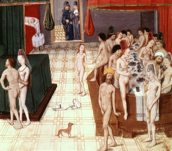 Les étuves. Livres de Valerius Maximus (édition du XVème siècle). Gros plan.