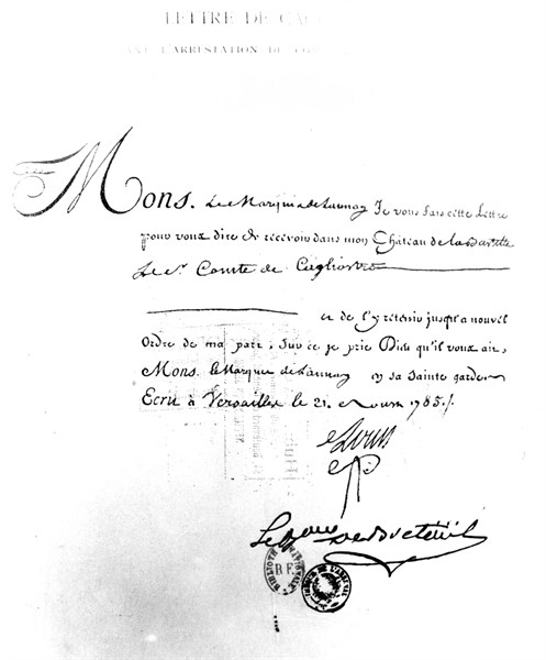Lettre de cachet mettant Cagliostro à la Bastille
