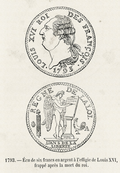 Ecu de six francs en argent à l'effigie de Louis XVI.