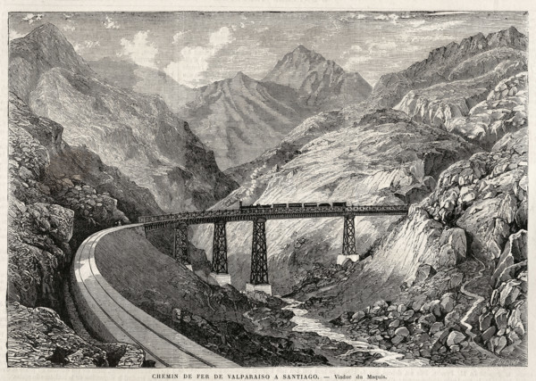 Chemin de fer allant de Valparaiso à Santiago (Chili).