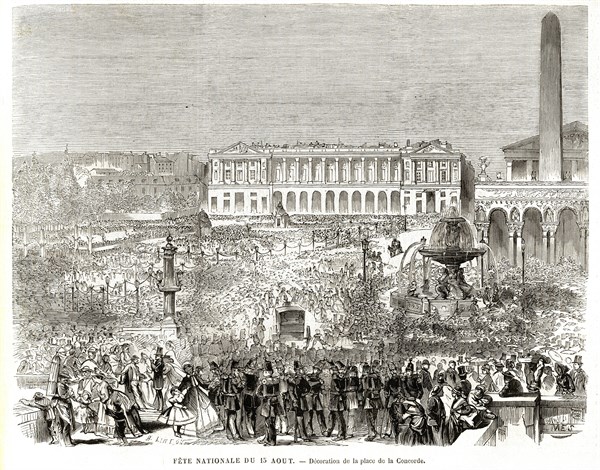 Fête nationale du 15 août. Décoration de la place de la Concorde.