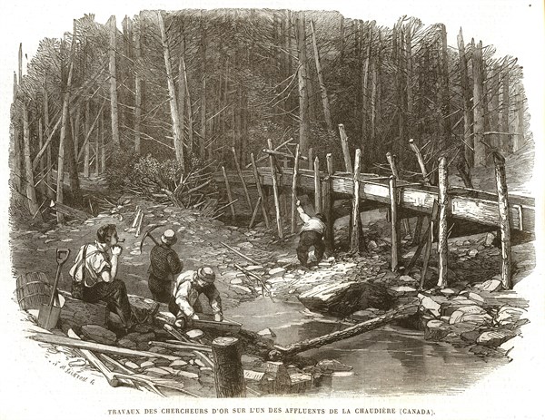 Gold miners working on of the tributaries on the Chaudière. (Canada).