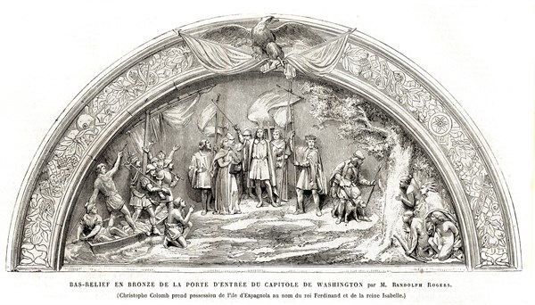 Bronze bas-relief on an entrance door; the "Capitole de Washington" ("Washington United States capital"); by M. Randolph Rogers.