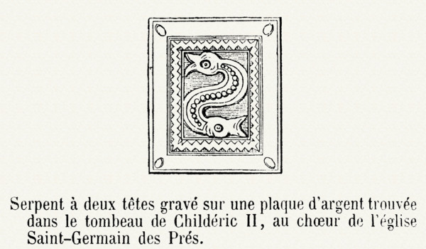 Serpent à deux têtes gravé sur une plaque d'argent trouvée dans le tombeau de Childéric II, au choeur de l'église Saint-Germain des Prés.