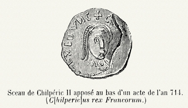 Seal of Chilperic II stamped at the end of an act passed in 714.