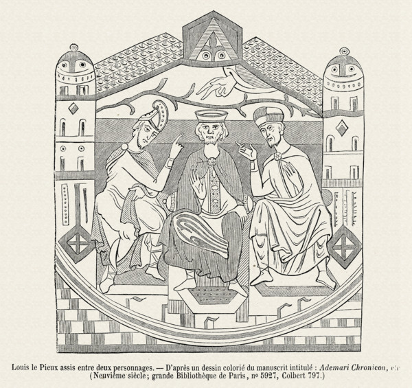 Louis le Pieux assis entre deux personnages.