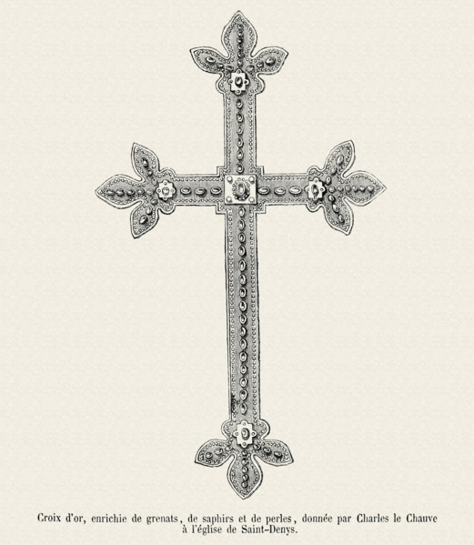 Croix d'or, enrichie de grenats, de saphirs et de perles, donnée par Charles le Chauve à l'église de Saint-Denis.