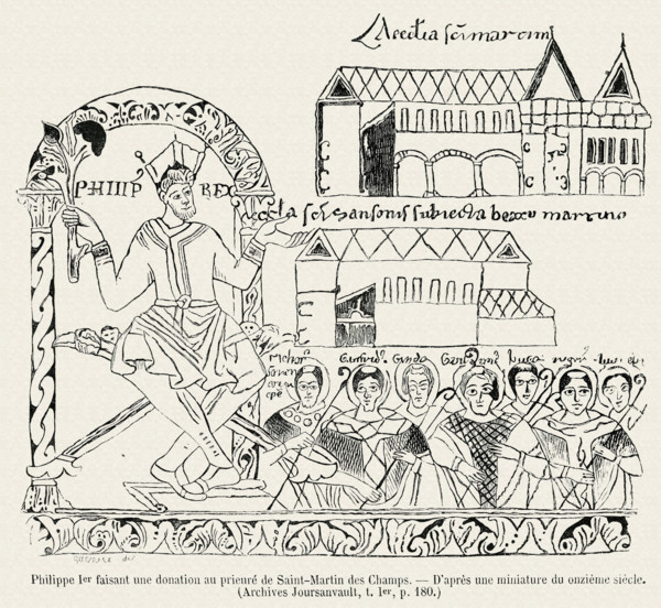 Philippe 1er faisant une donation au prieuré de Saint-Martin des Champs (d'après une miniature du 11 siècle).