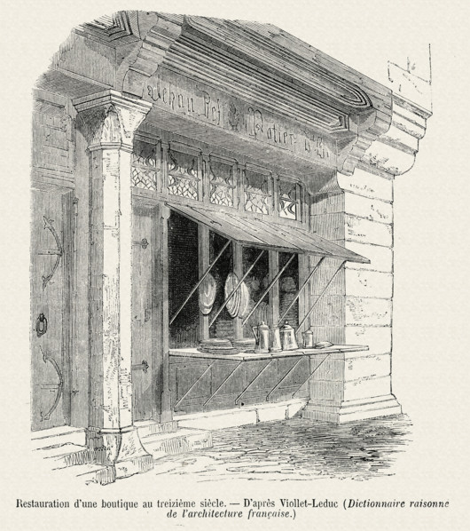 Restauration d'une boutique au 13e siècle (d'après Viollet-Le-Duc).