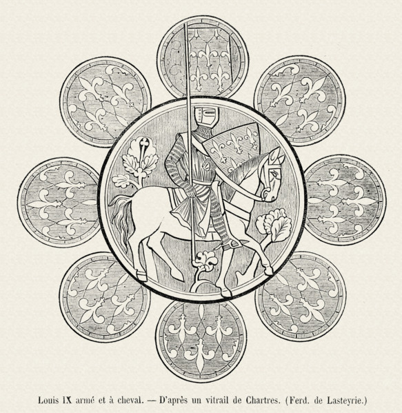 Louis IX, in armour, on horseback.