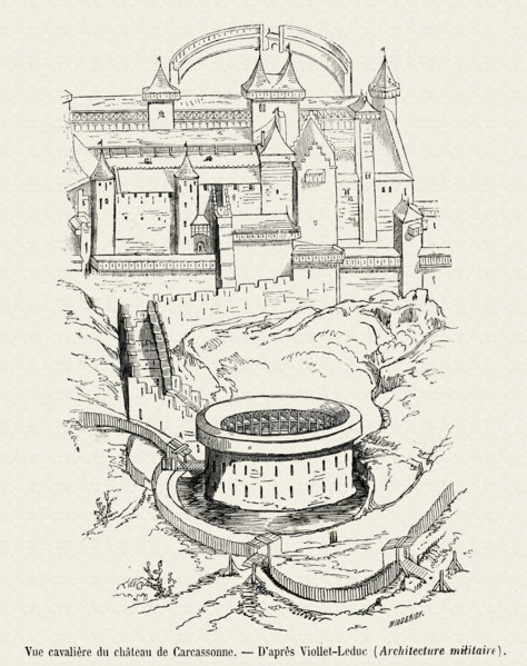 Vue cavalière de Carcassonne.
