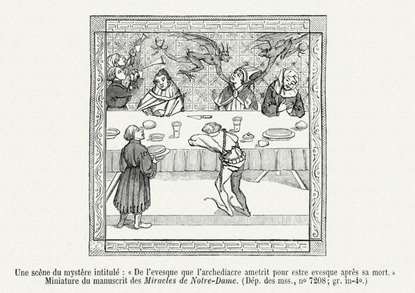 Une scène du mystère intitulé "De l'evesque que l'archediacre ametrit pour estre evesque après sa