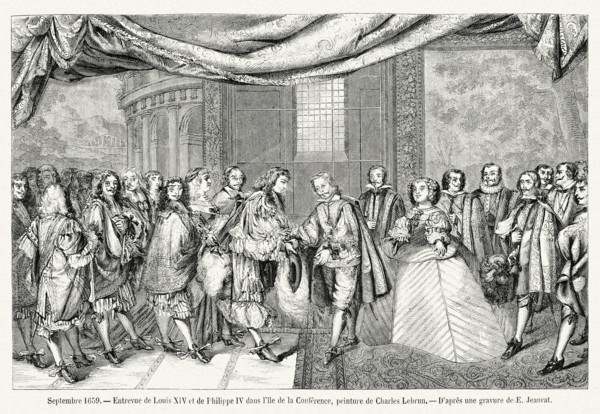 Meeting between Louis XIV and Philip IV on Pheasant Island, painting by Charles Lebrun.