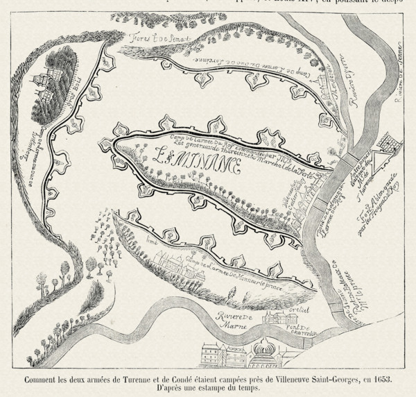 Comment les deux armées de Turenne et de Condé étaient campées près de Villeneuve Saint-Georges, en 1653.