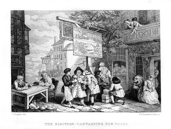 The Elections - Canvassing for Votes. Démarchage électoral. Caricature anglaise.