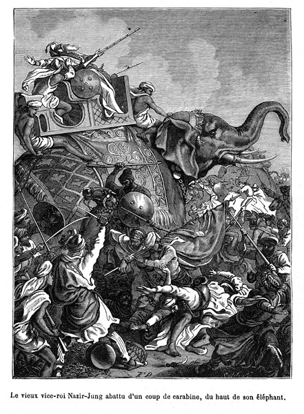 Le vieux vice-roi Nazir-Jung abattu d'un coup de carabine, du haut de son éléphant. En 1748 le