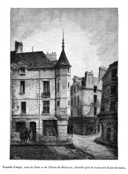 Tourelle d'angle, rues du Paon et de l'Ecole de Médecine, démolie pour le percement du boulevard