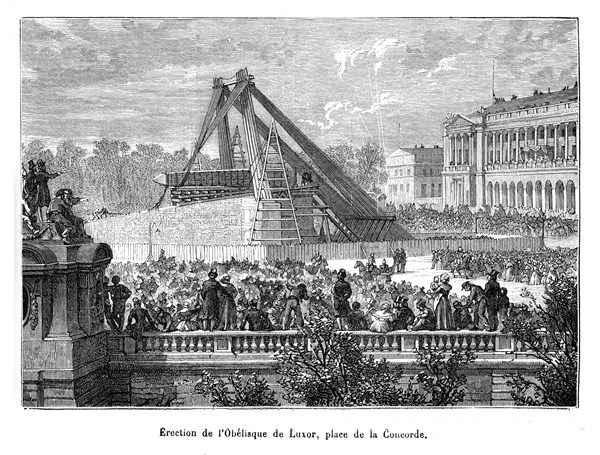 Erection de l'Obélisque de Luxor, place de la Concorde. L'obélisque égyptien de Louxor, vieux de 3