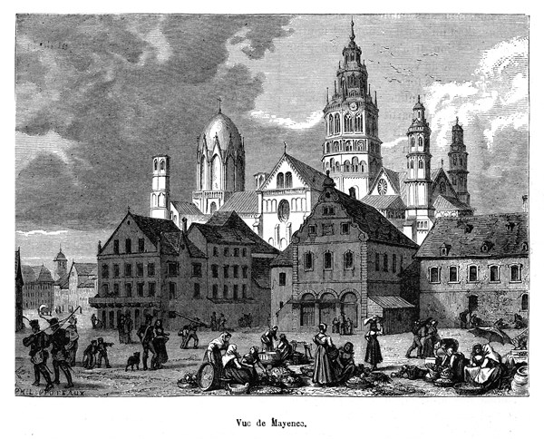 Vue de Mayence. Mayence (en allemand : Mainz, en latin : Moguntiacum), ville d'Allemagne, capitale,