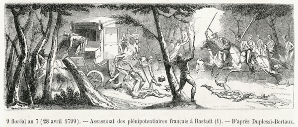 9 floréal an 7 (28 avril 1799). Assassinat des plénipotentiaires français à Rastadt. Gravure 19e.