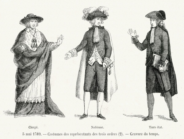 5 mai 1789. Costumes des représentants des trois ordres. Clergé, Noblesse et Tiers état. Gravure