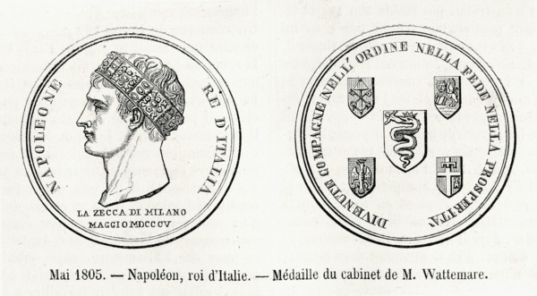 Mai 1805. Napoléon, roi d'Italie. Médaille du cabinet de M. Wattemare. Gravure.