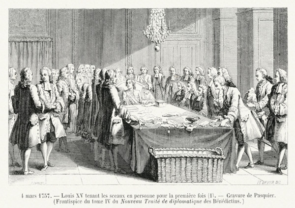 4 mars 1757. Louis XV tenant les sceaux en personne pour la première fois. Frontispice du tom IV de