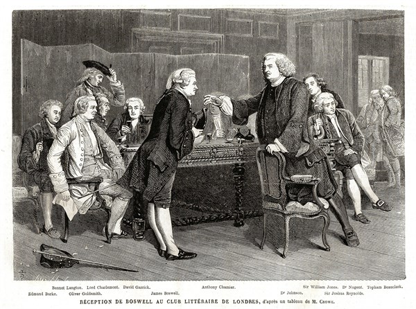 Réception de Boswell au Club Littéraire de Londes, d'après un tableau de Crowe.
Bennet Langton,