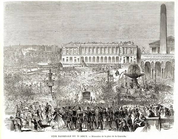 1864. Fête  nationale du 15 août. Décoration de la place de la Concorde.