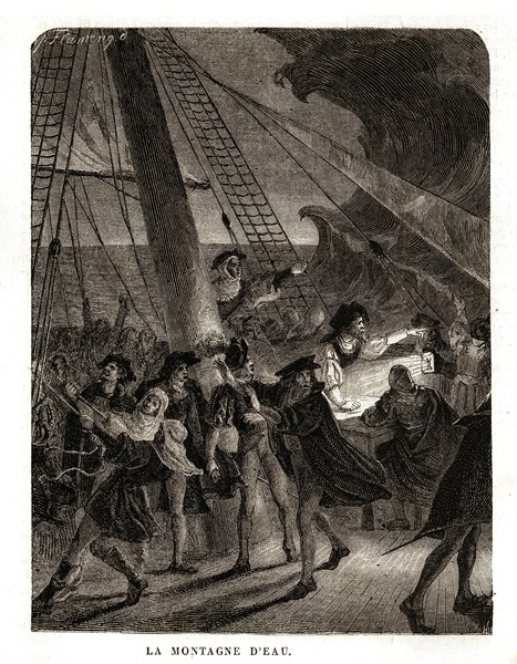 Christophe Colomb. "La montagne d'eau" (1492). Raz de marée. Gravure 19e.