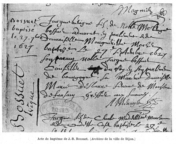 Acte de baptême de J.-B. Bossuet. Archives de la ville de Dijon.