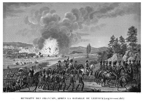 Epopée napoléonienne. Napoléon 1er. Retraite de Français après la bataille de Leipsick (Leipzig),