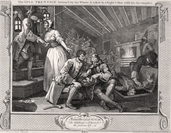 'The idle 'prentice betray'd by his whore ...', plate IX of Industry and Idleness, 1747. Artist: William Hogarth