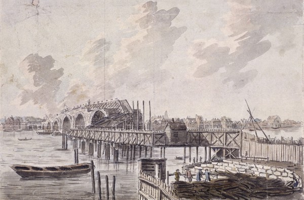 Construction of Blackfriars Bridge, London, c1762. Artist: Francis Grose