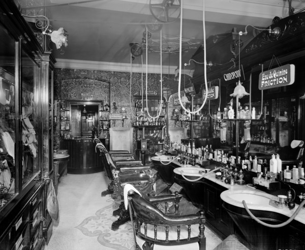 The gentlemen's hairdressing saloon in the Hotel Cecil in The Strand, London, 1911