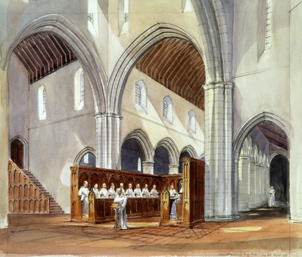 Reconstruction drawing of monks within the monastery of Rievaulx Abbey, North Yorkshire, 1990