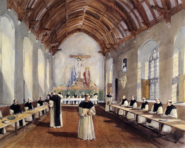 Reconstruuction drawing of the refectory of the Cistercian monastery of Cleeve Abbey, 1991