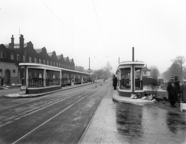 Passenger shelters at Manor House Underground Station, Stoke Newington, London, c1932