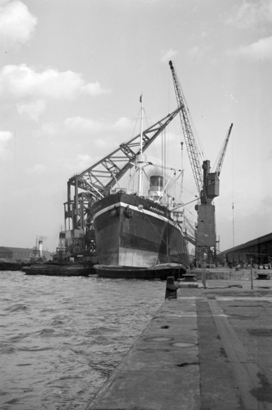 A ship moored in London docks, 1937