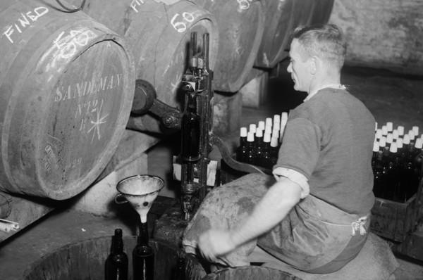 Port wine being bottled from the barrel at the Cutler Street warehouses, London, c1945-c1965