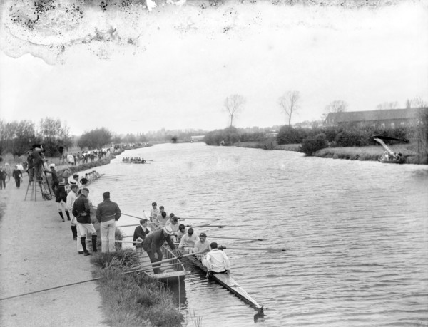 Boat crews waiting in their boats before a race during Eights Week, Oxfordshire, c1860-c1922