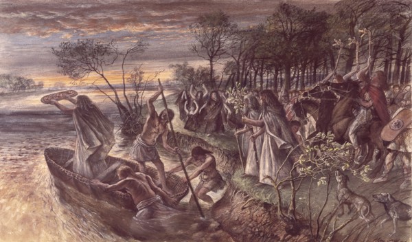 The offering of an Iron Age shield to the river. Artist: Unknown