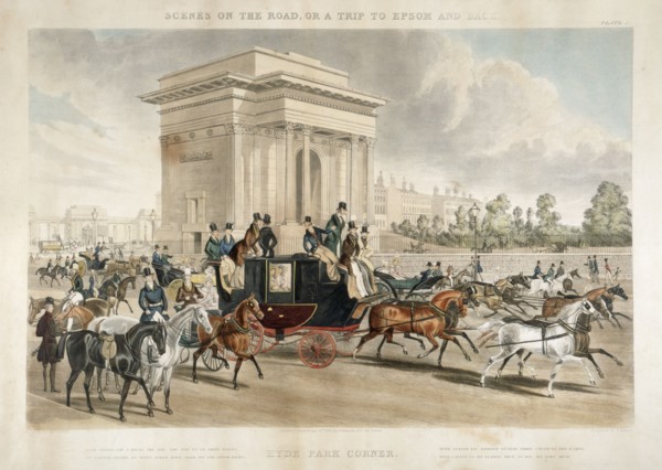 Horse drawn carriages along Hyde Park Corner, London, 1838. Artist: J Harris