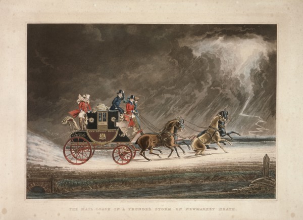 The mail coach in a thunderstorm on Newmarket Heath, Suffolk, 1827.  Artist: G Reeves