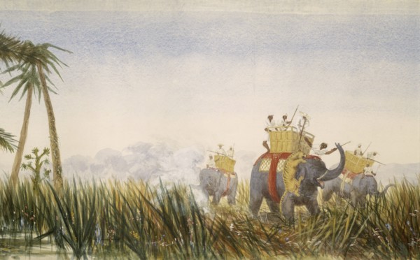 Tiger attacking an elephant; part of the London to Hong Kong Panorama. Artist: Unknown