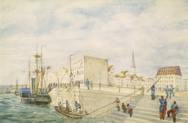 Ships at a port; part of the London to Hong Kong Panorama. Artist: Unknown