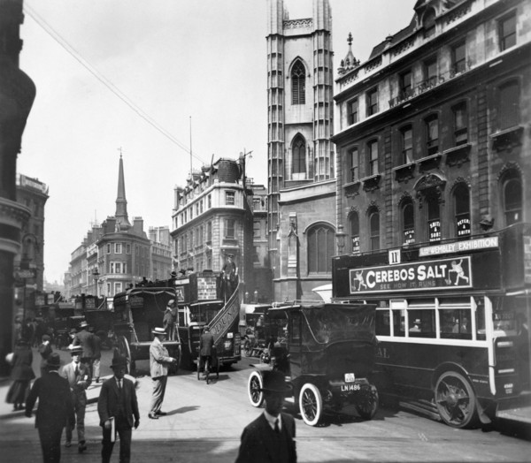 Traffic in Bow Lane, City of London, c1920s. Artist: Unknown